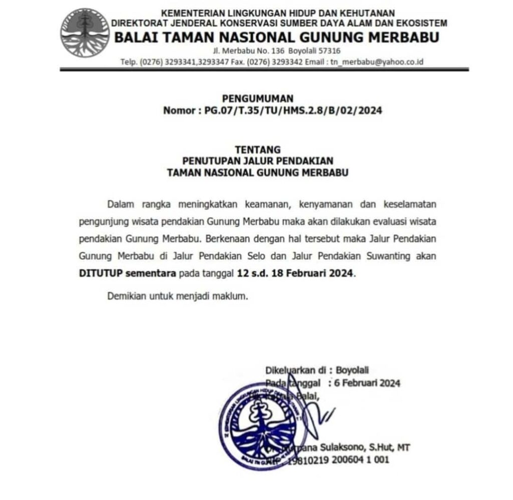 Pendakian Gunung Merbabu Ditutup Selama Sepekan
