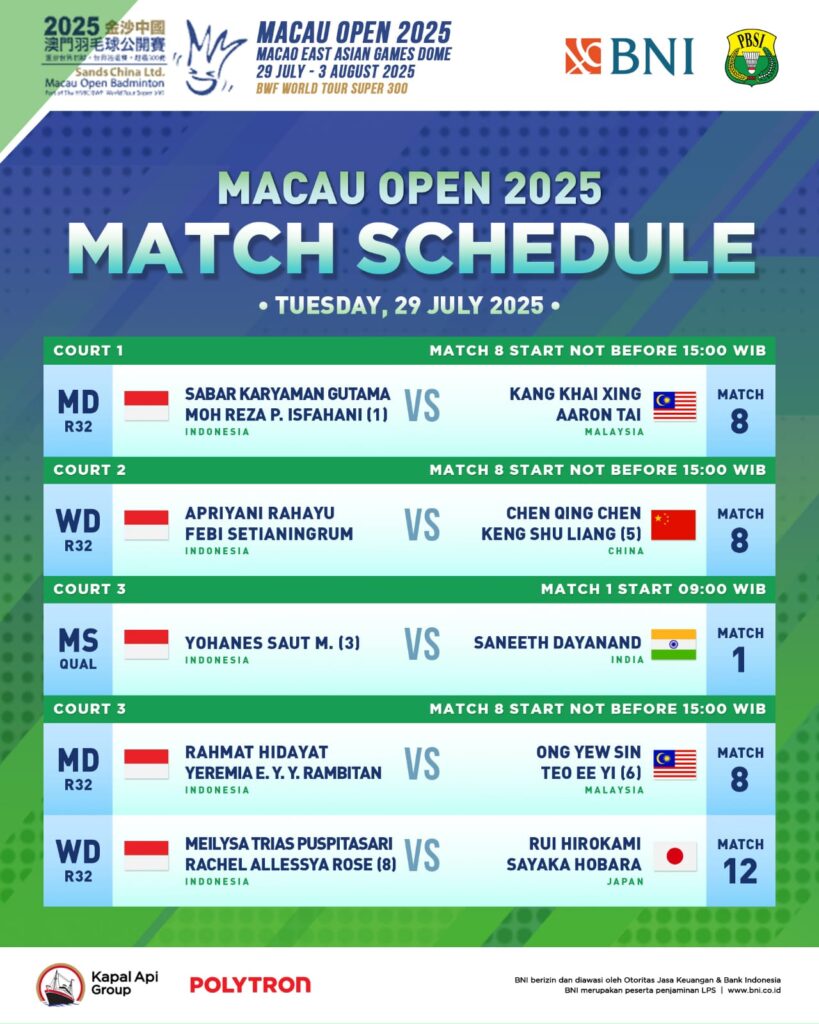 Macau Open 2025: Jadwal Lengkap Hari Pertama dan Kedua, Wakil Indonesia Siap Berjuang!